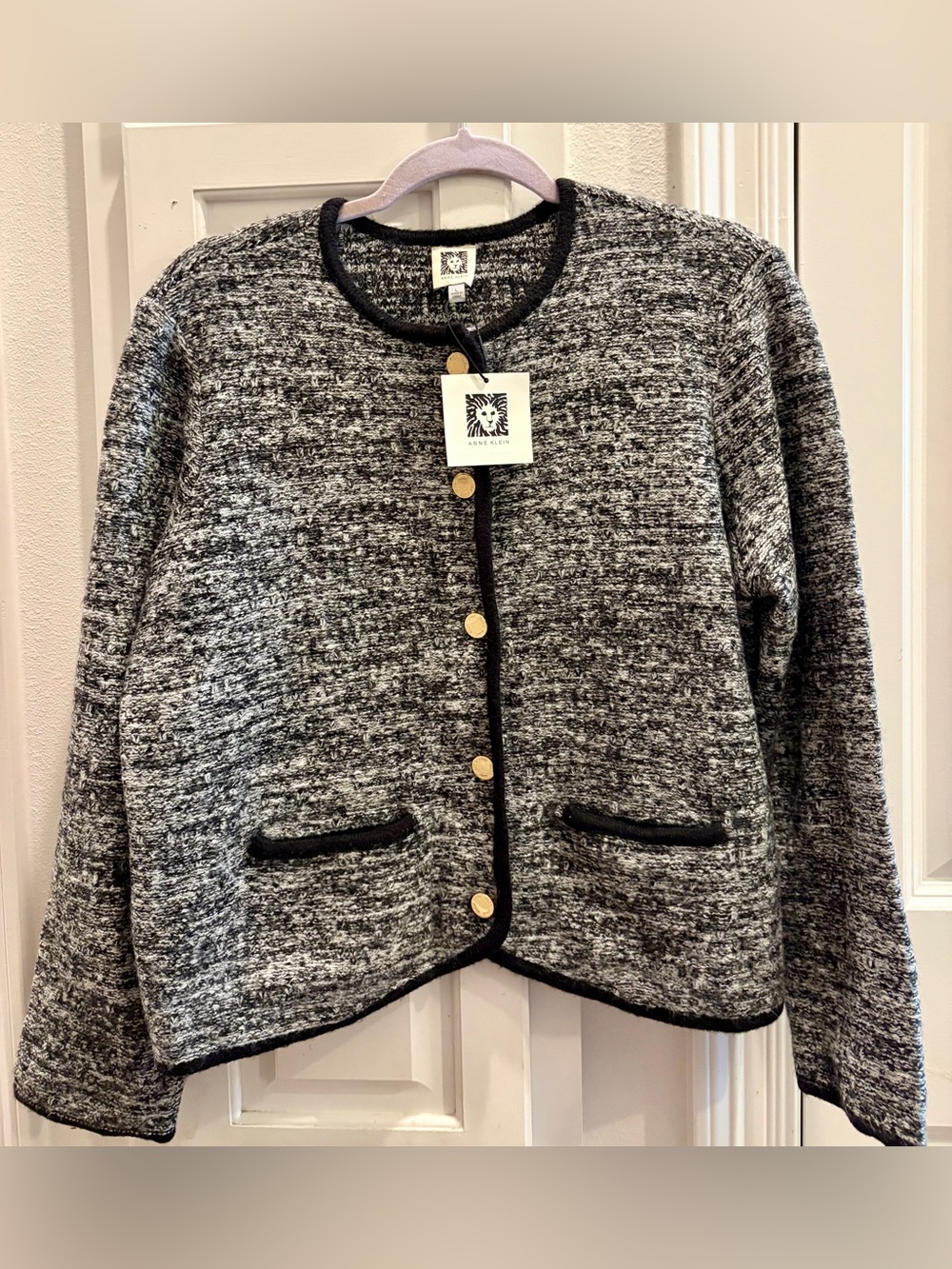 NWT ANNE KLEIN Black & Gray Tweed-Effect Button Front Blazer Size Large